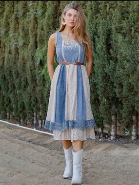 YOUNG THREADS Boho Denim & Lace-Panel Midi Dress in Blue and Cream